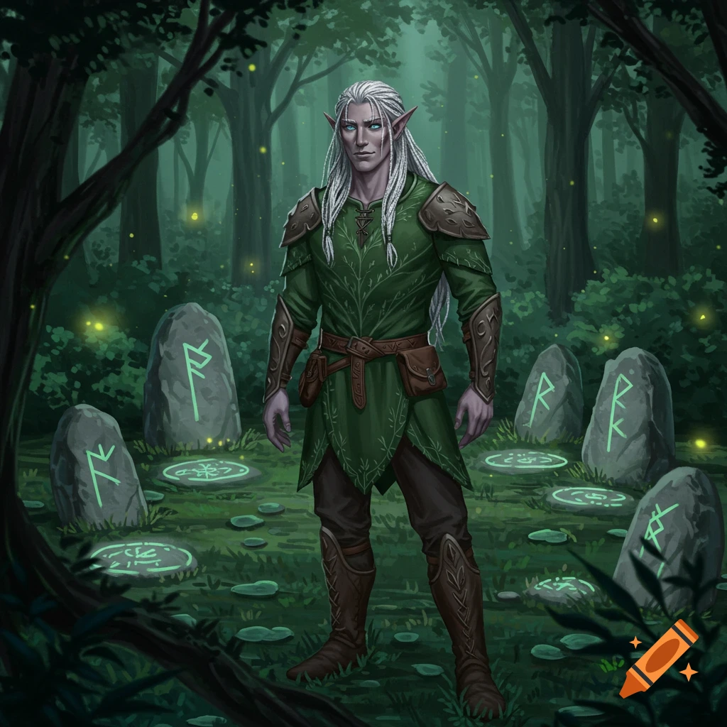 A white-haired male elf in a green tunic stands among glowing runestones in a dark fantasy forest.