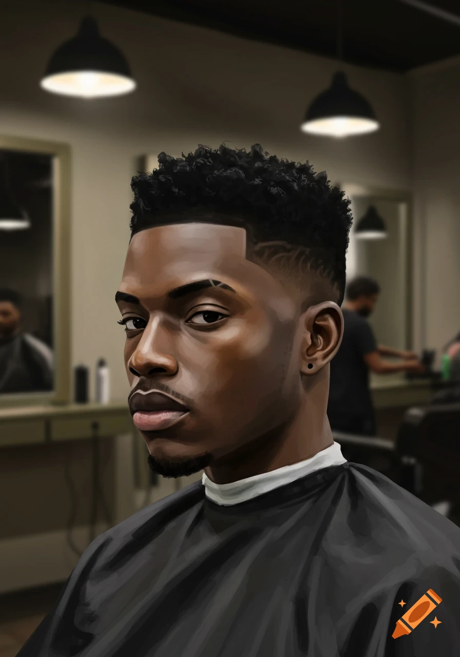 A digital art portrait of a Black man with a fresh low fade haircut in a barber shop, wearing a black cape.