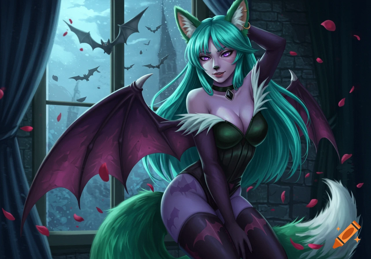 Anthropomorphic bat-fox woman with teal hair and purple wings poses in a gothic room with bats flying outside a window.