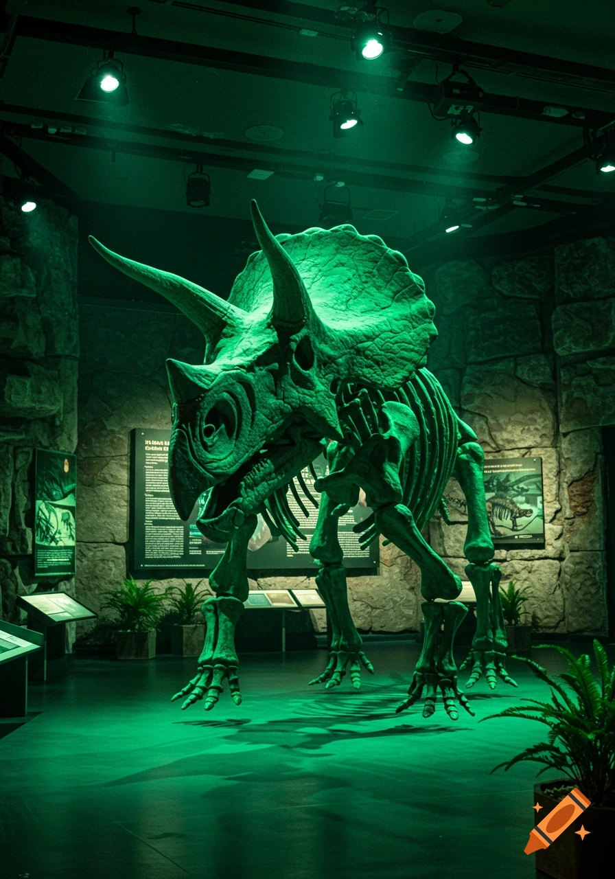 A large, green-lit fossilized Triceratops skeleton stands prominently in a museum exhibit with stone walls and plants.