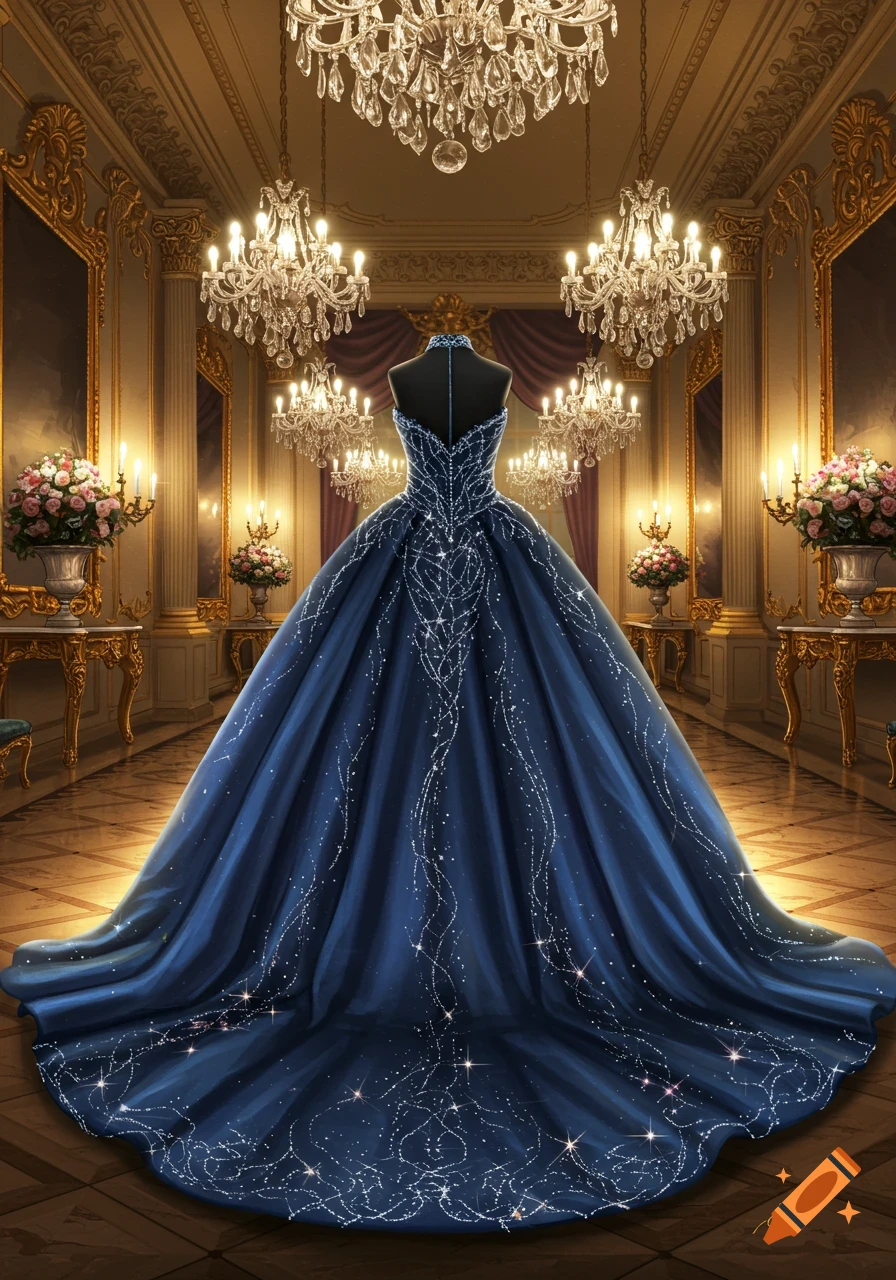 An elaborate, glittering blue ballgown on a mannequin in a grand, opulent ballroom with chandeliers and gilded decor.
