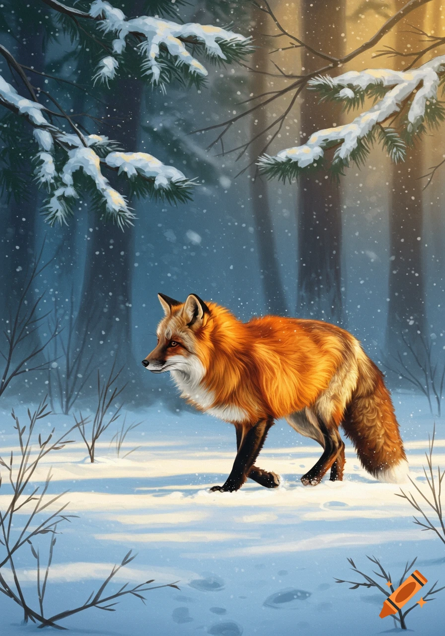 An illustrated red fox walks through a snowy winter forest with snow falling and pine branches covered in white.