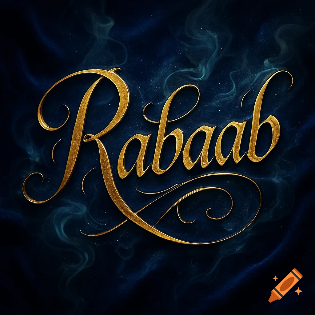 Ornate golden cursive text spelling 'Rabaab' on a dark blue smoky background.
