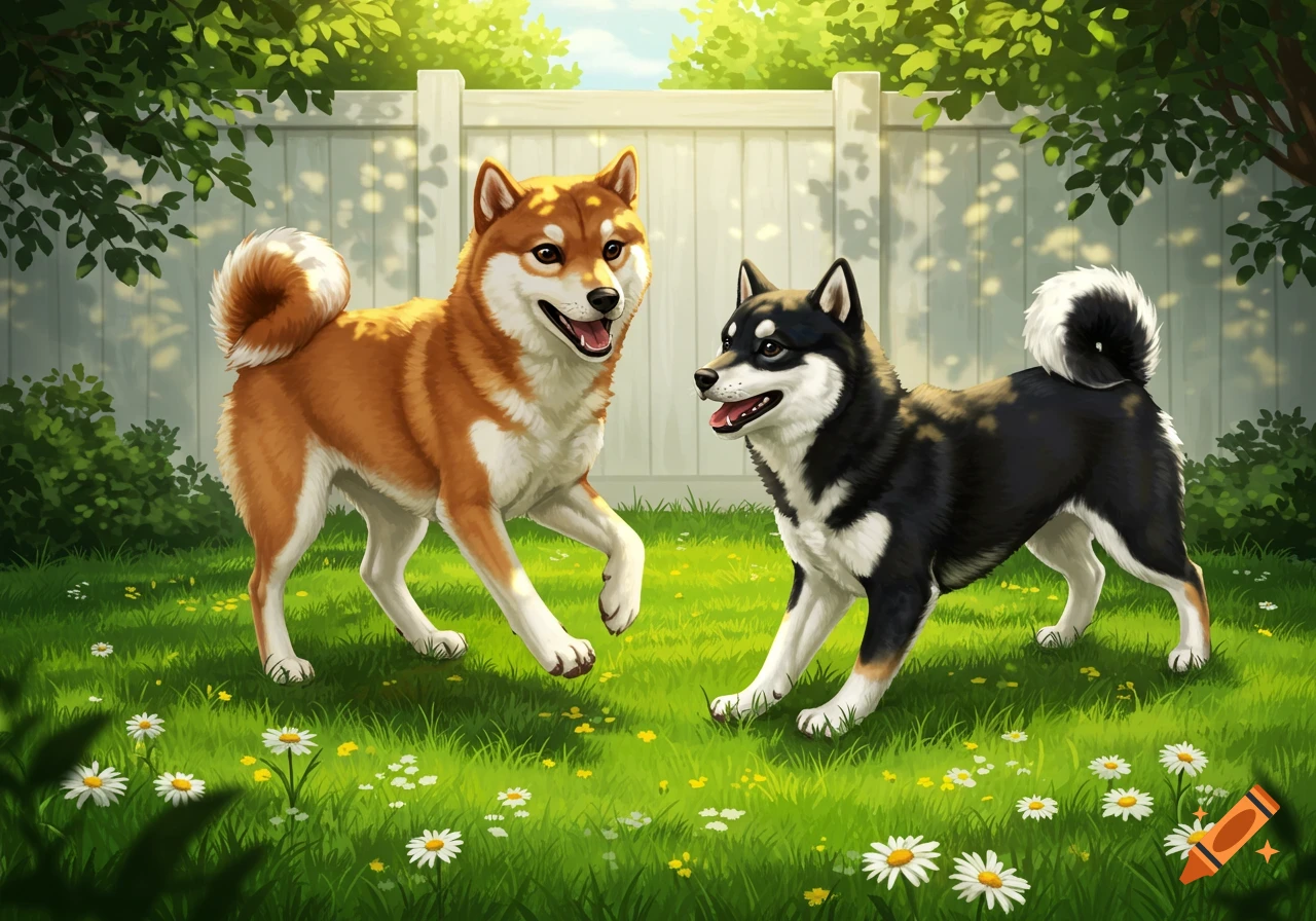 Illustrated image of two Shiba Inus, one reddish-brown and white, the other black and white, playing in a sunny green backyard with a white fence.
