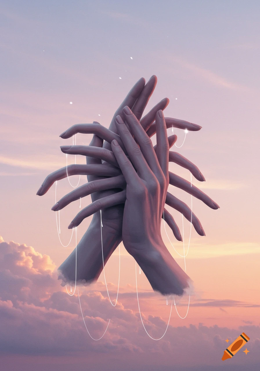 Surreal image of many intertwined hands with multiple fingers emerging from soft clouds against a pastel sky.