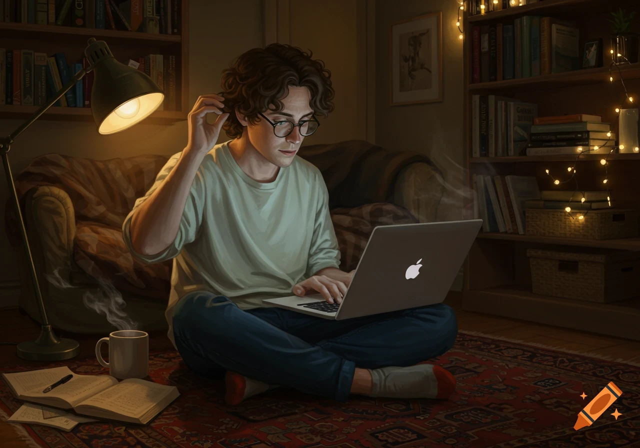 A young man with curly hair and glasses sits cross-legged on a rug, typing on a laptop with an open book and coffee nearby in a cozy, dimly lit room.