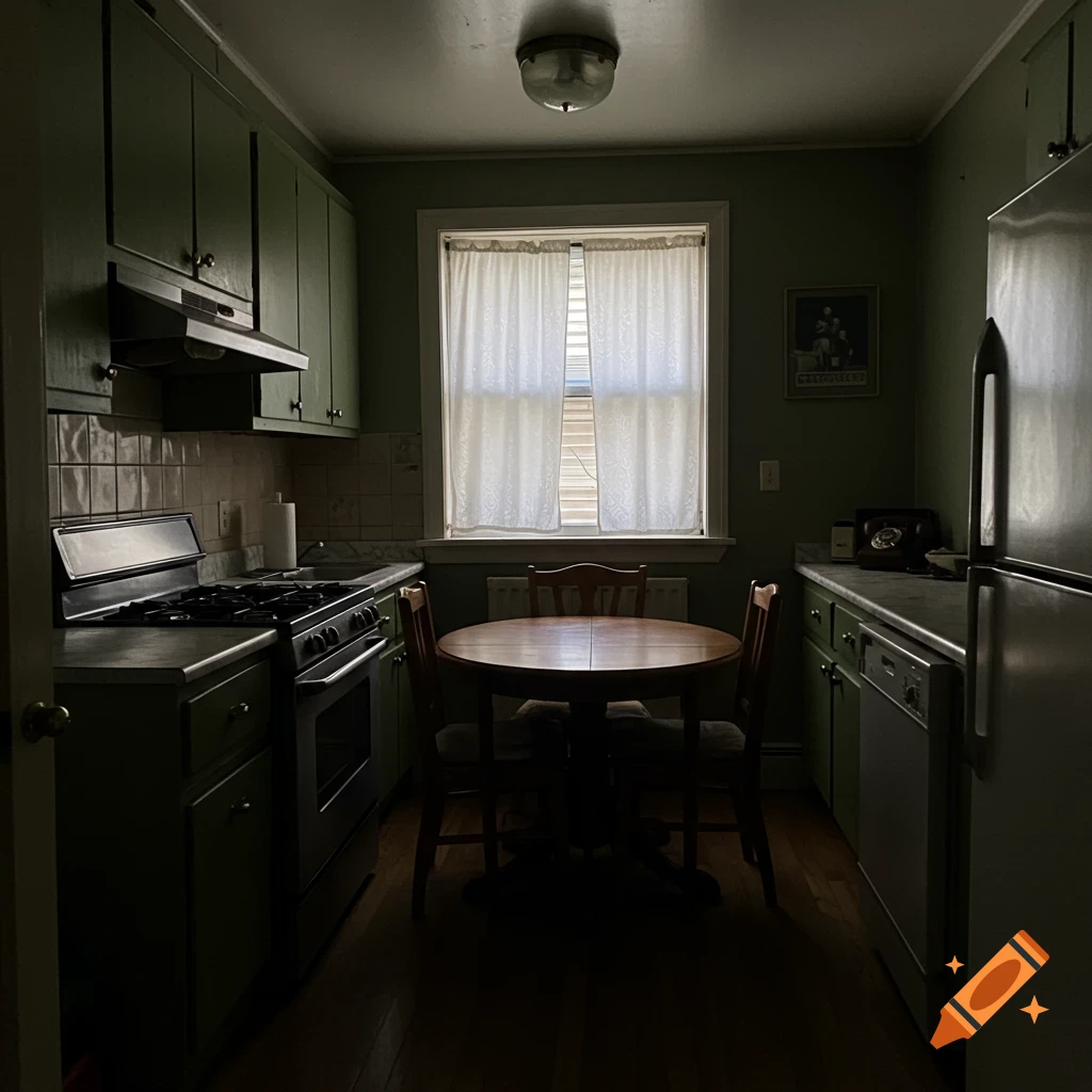 A dark kitchen with green cabinets, a round wooden dining table, chairs, a stove, a refrigerator, and a bright window with white curtains.