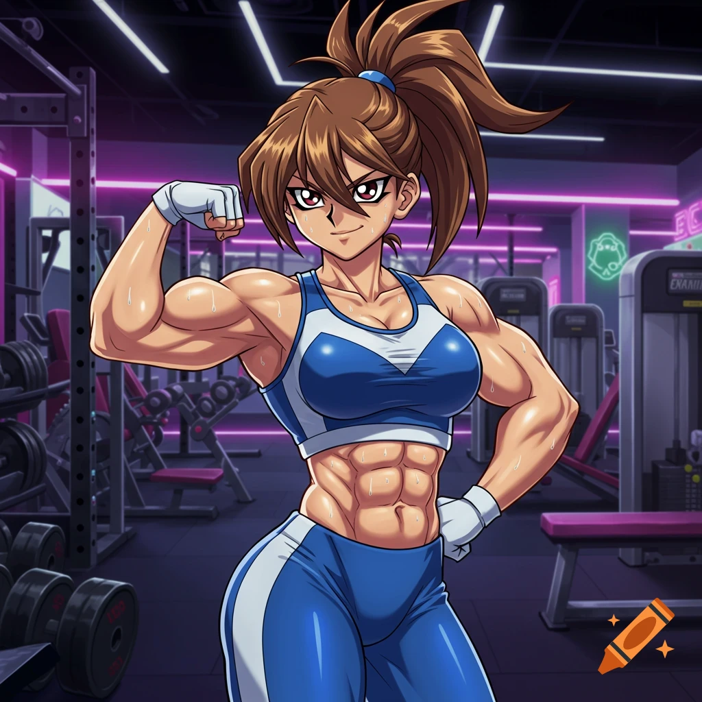 Anime woman with brown hair in a ponytail, wearing a blue and white sports bra and leggings, flexing her bicep in a gym.