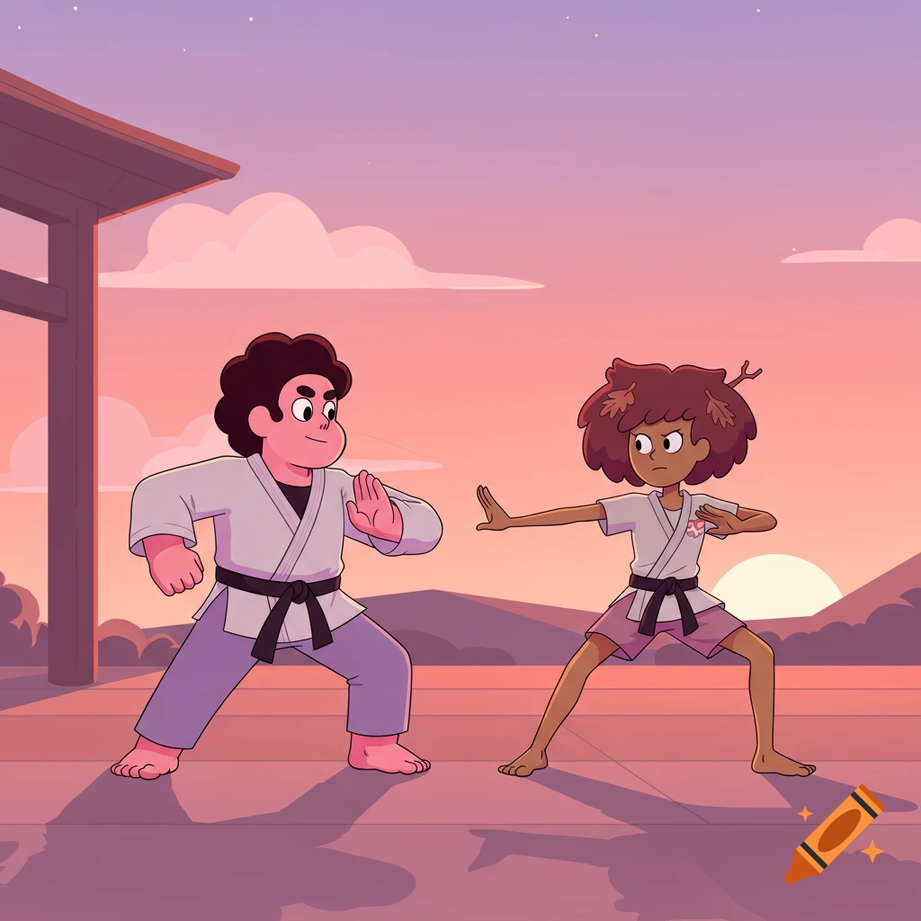 Cartoon Steven Universe and Anne Boonchuy in gi outfits practice martial arts at a dojo during sunset.