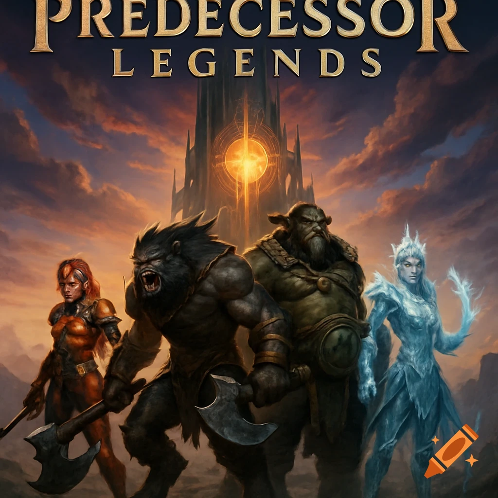 Four diverse fantasy characters (warrior, beast-man, orc, ice sorceress) before a dark castle with a glowing core under 'PREDECESSOR LEGENDS'.