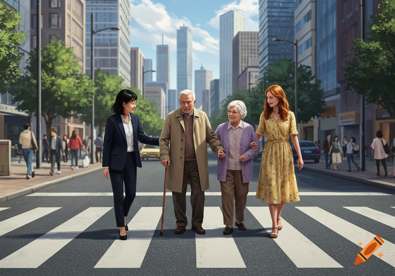 Two young women assist an elderly couple crossing a street in a bustling city environment, with tall buildings under a blue sky.