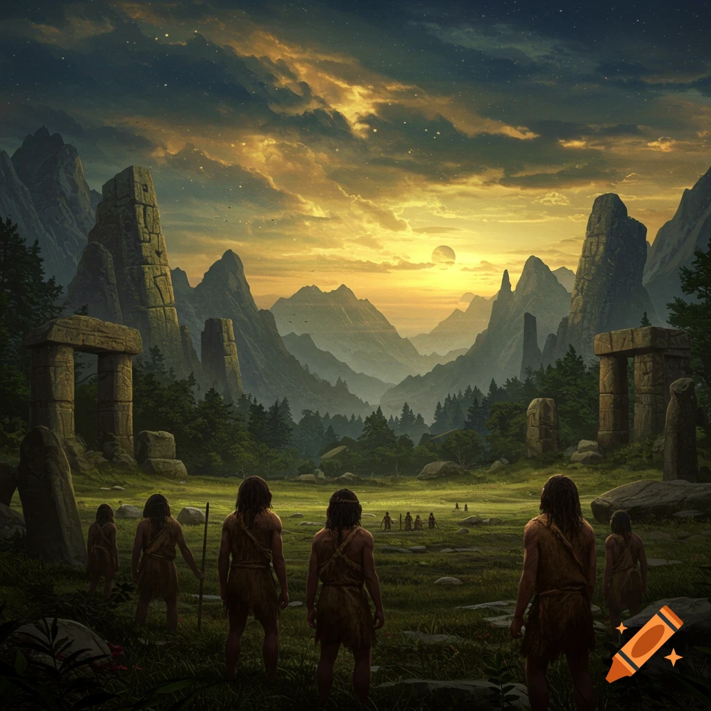 Ancient people stand in a vast valley with towering mountains and stone ruins under a dramatic sunset sky.