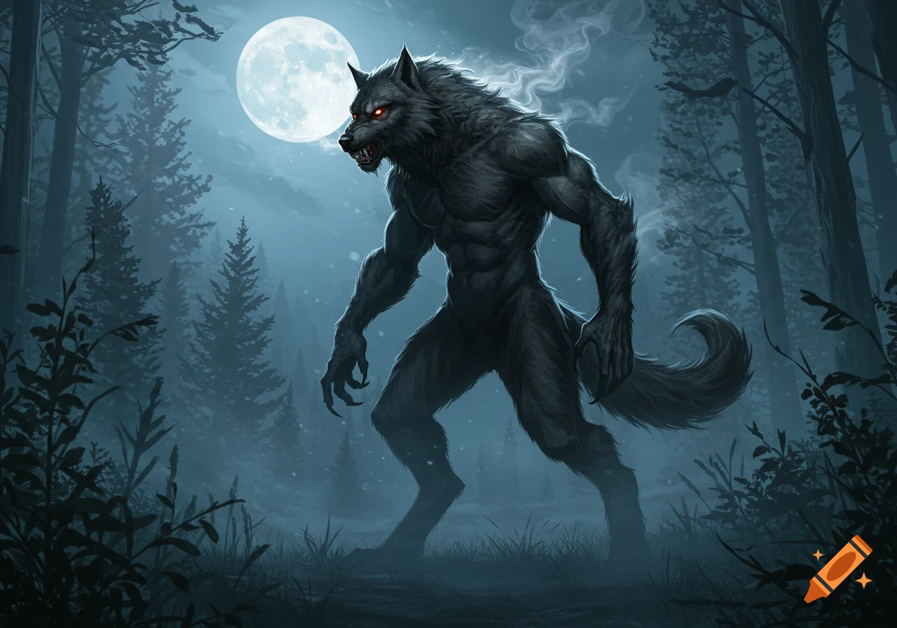 A menacing werewolf with glowing red eyes stands in a dark, misty forest under a bright full moon.