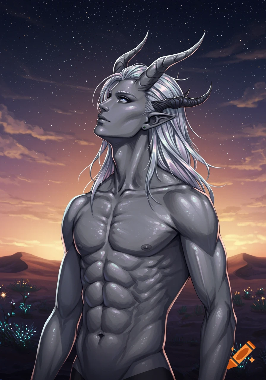 Anime-style portrait of a shirtless male alien with grey skin, white long hair, and horns, looking up at a starry desert sky.