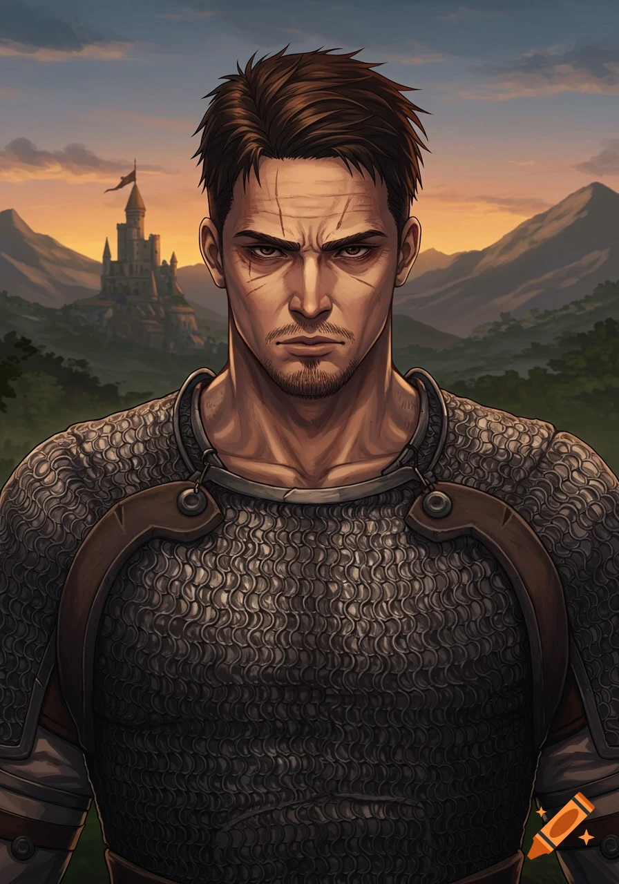 An anime portrait of a stern man with scars and a goatee, wearing chainmail armor, with a castle and mountains at sunset in the background.