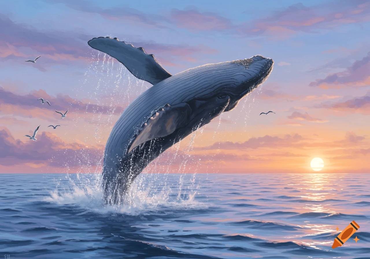 A humpback whale leaps out of the ocean, splashing water against a vivid sunset sky with seagulls, in a painterly style.