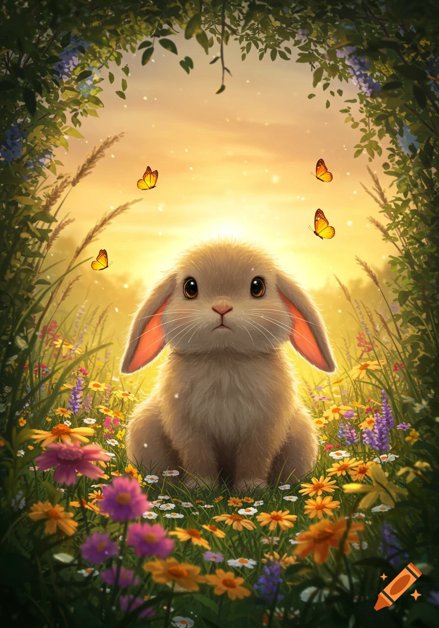 A fluffy, long-eared bunny sits in a vibrant meadow of colorful wildflowers and butterflies under a golden sunset sky, framed by green foliage.