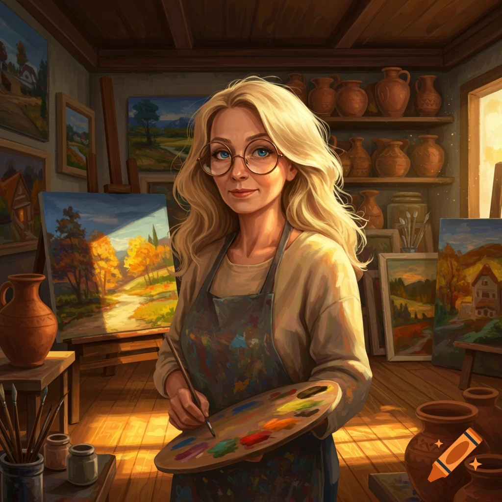 A blonde woman with glasses holds a paint palette and brush in an art studio filled with paintings and pottery, in an illustrative style.
