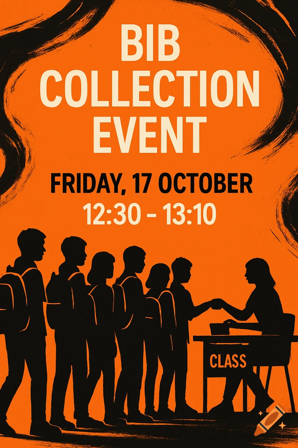 Graphic poster with black silhouettes of students collecting bibs from a desk on an orange background. Text: 'BIB COLLECTION EVENT'.
