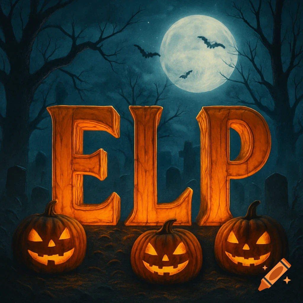 Large glowing orange ELP letters and three carved jack-o'-lanterns in a spooky graveyard under a full moon with bats and bare trees.