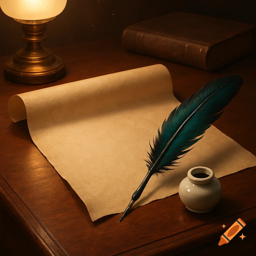 A quill, inkwell, and blank parchment on a wooden desk, illuminated by a warm lamp in a vintage setting.