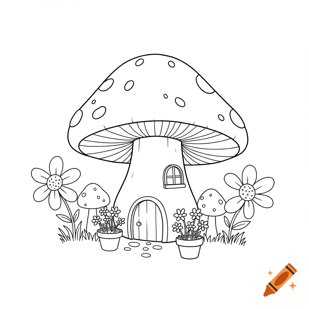 Black and white line art illustration of a whimsical fairy toadstool house surrounded by flowers, in a children's coloring book style.
