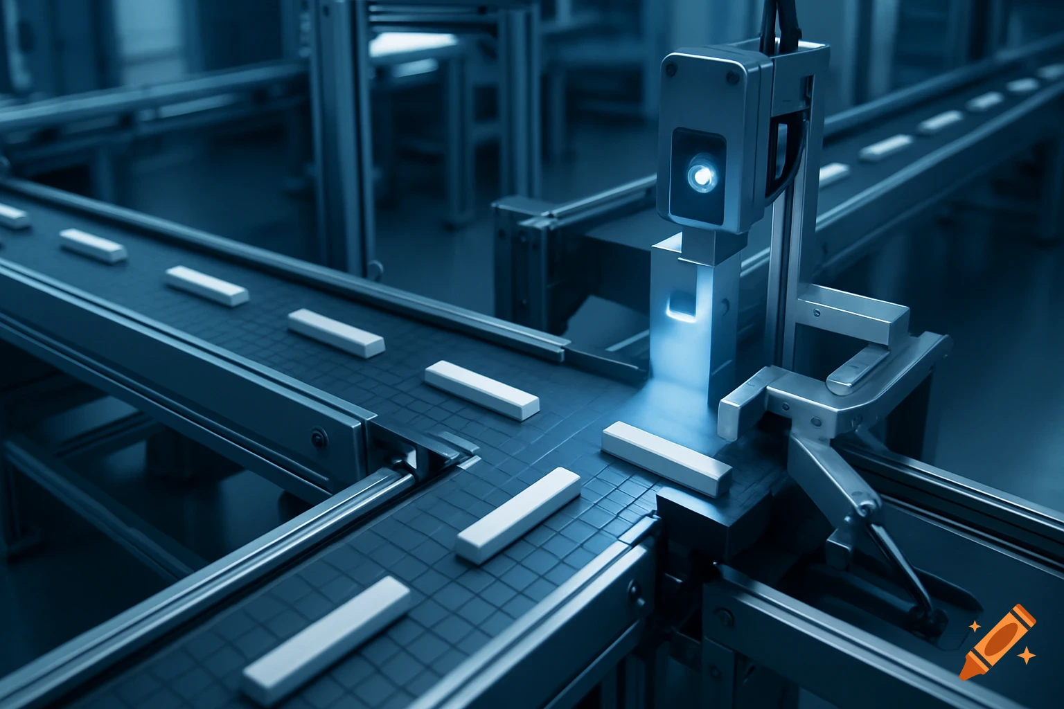 Photorealistic image of a blue-toned industrial conveyor belt system transporting small white objects with an optical sensor.