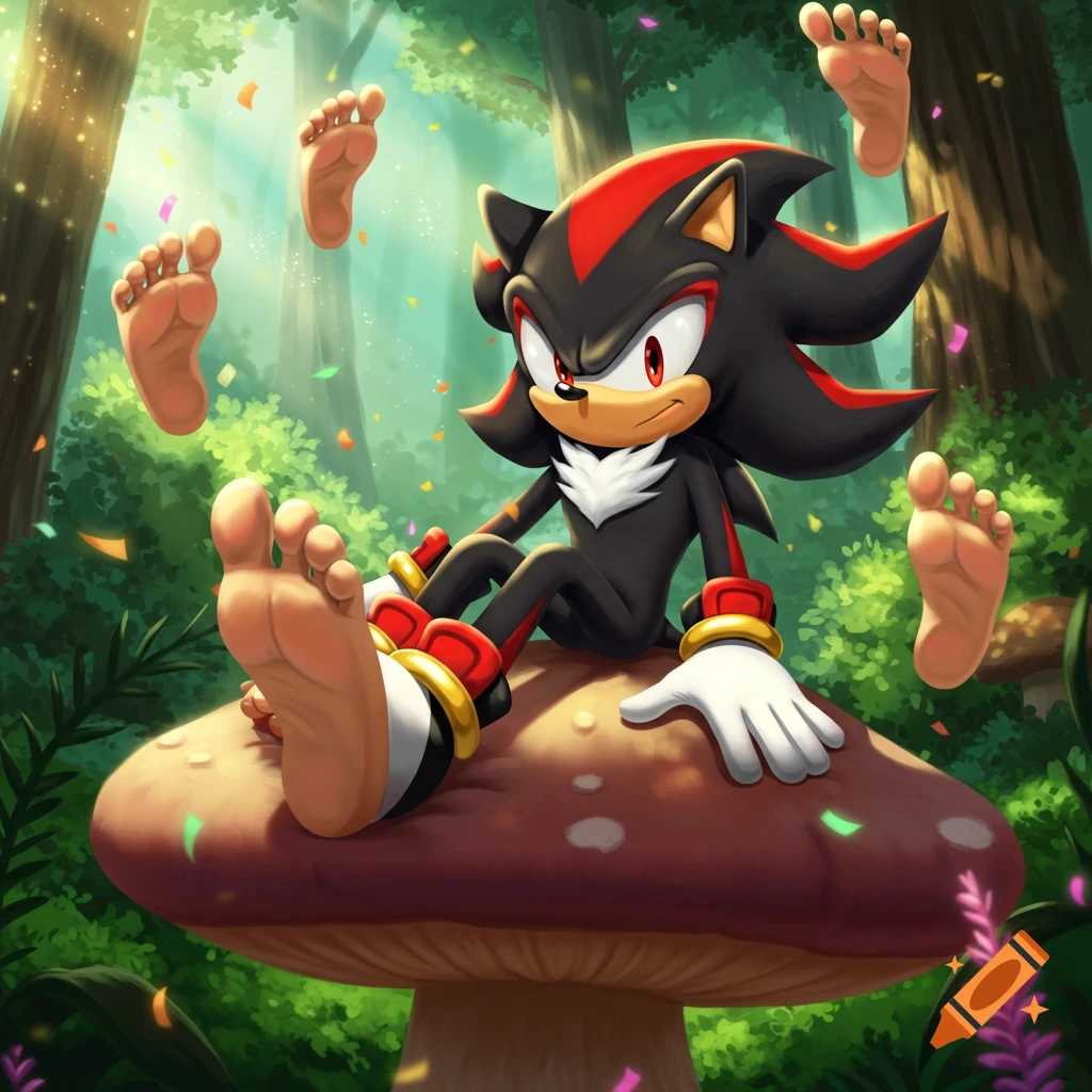 Shadow the Hedgehog sits on a large mushroom in a forest, smiling, with several bare feet with exaggerated toes floating around him.