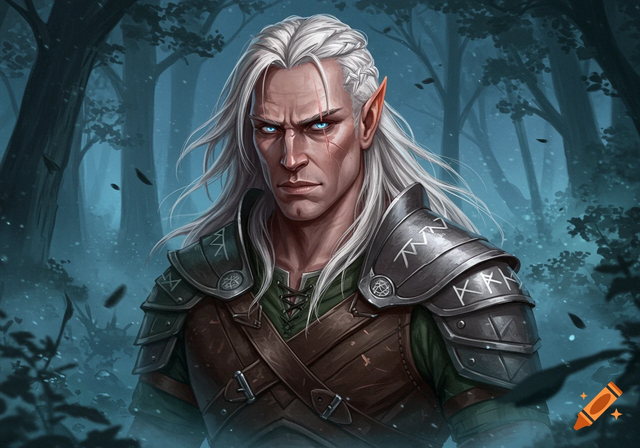 A fantasy portrait of a scarred male elf with long white hair, piercing blue eyes, and pointed ears, wearing intricate armor in a dark forest setting.