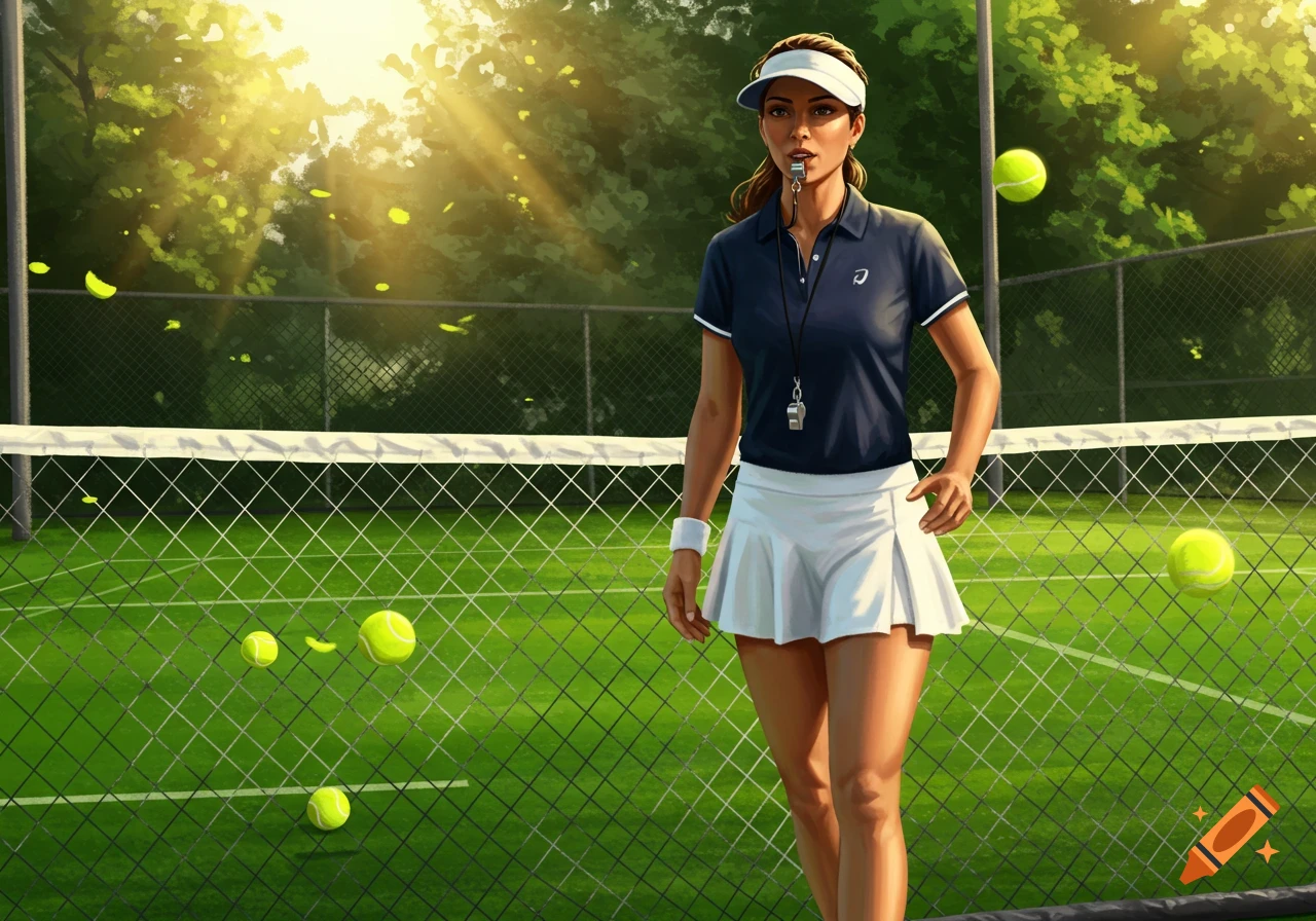 A female tennis coach wearing a visor, polo shirt, and skirt, blowing a whistle on a sunny tennis court, digital art.