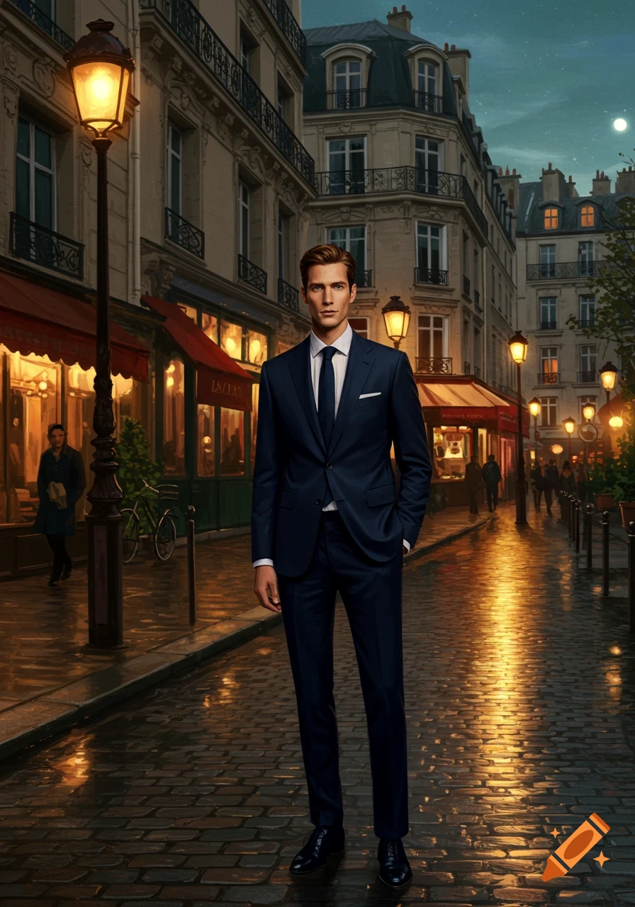 A man in a dark suit stands on a wet cobblestone street lined with shops and streetlights at night.