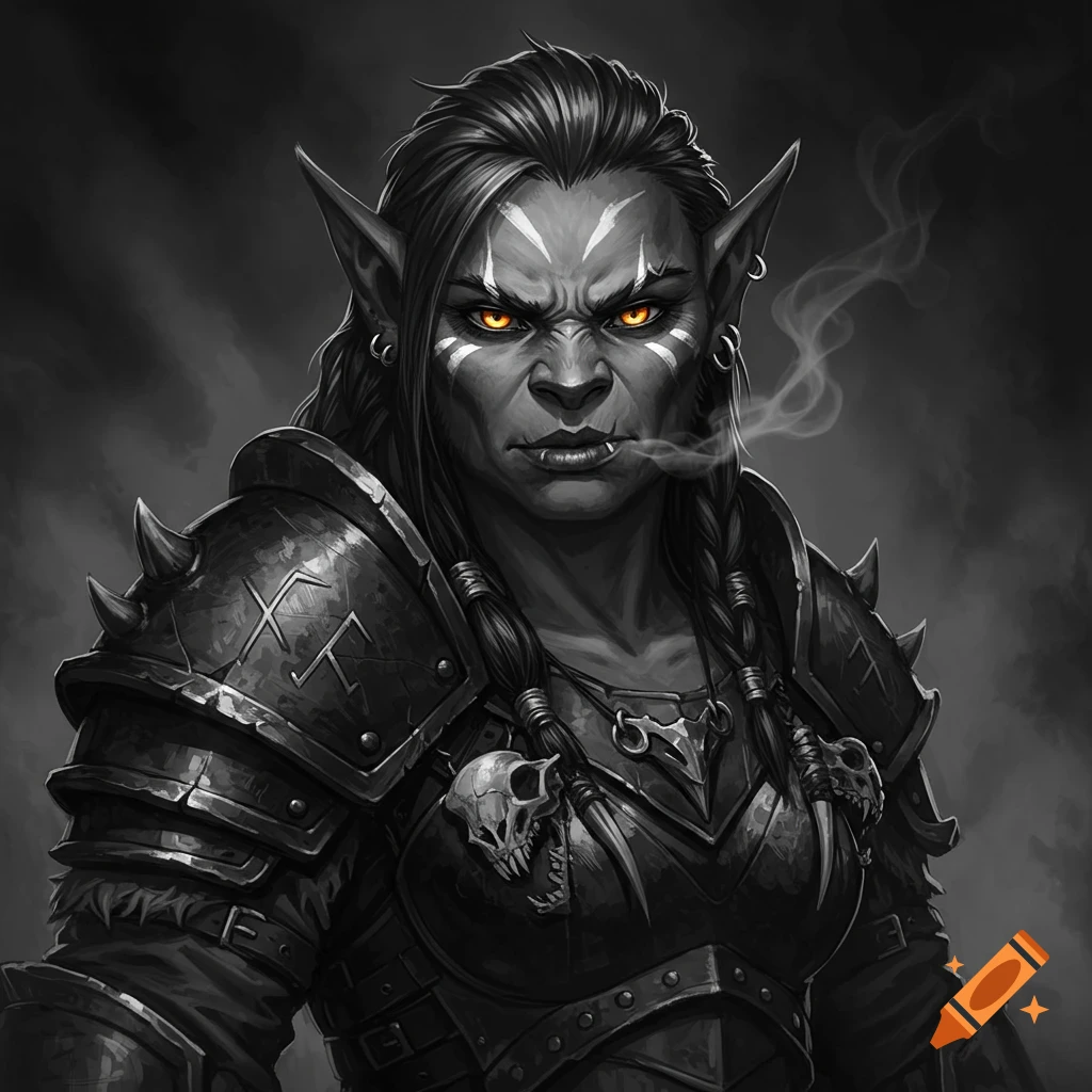 Close-up, high-contrast, black and white fantasy portrait of a fierce female warrior with glowing amber eyes, wearing spiked armor and animal skull trophies.