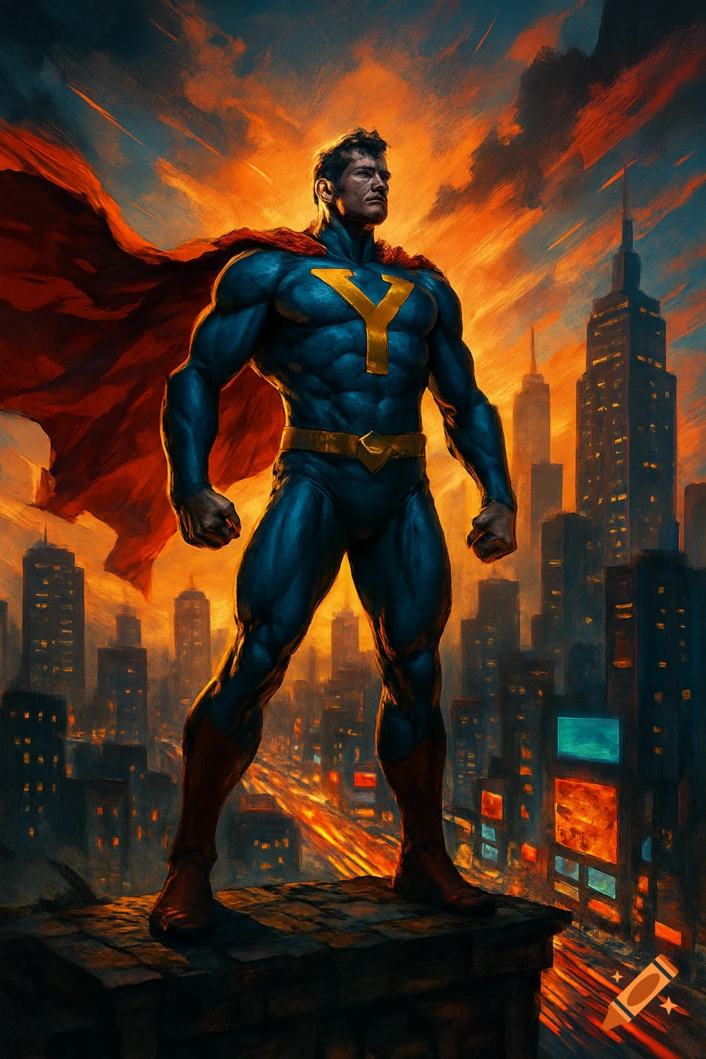 A muscular superhero with a red cape and a gold 'Y' on his blue chest stands atop a building, overlooking a vibrant city at sunset in a painted style.