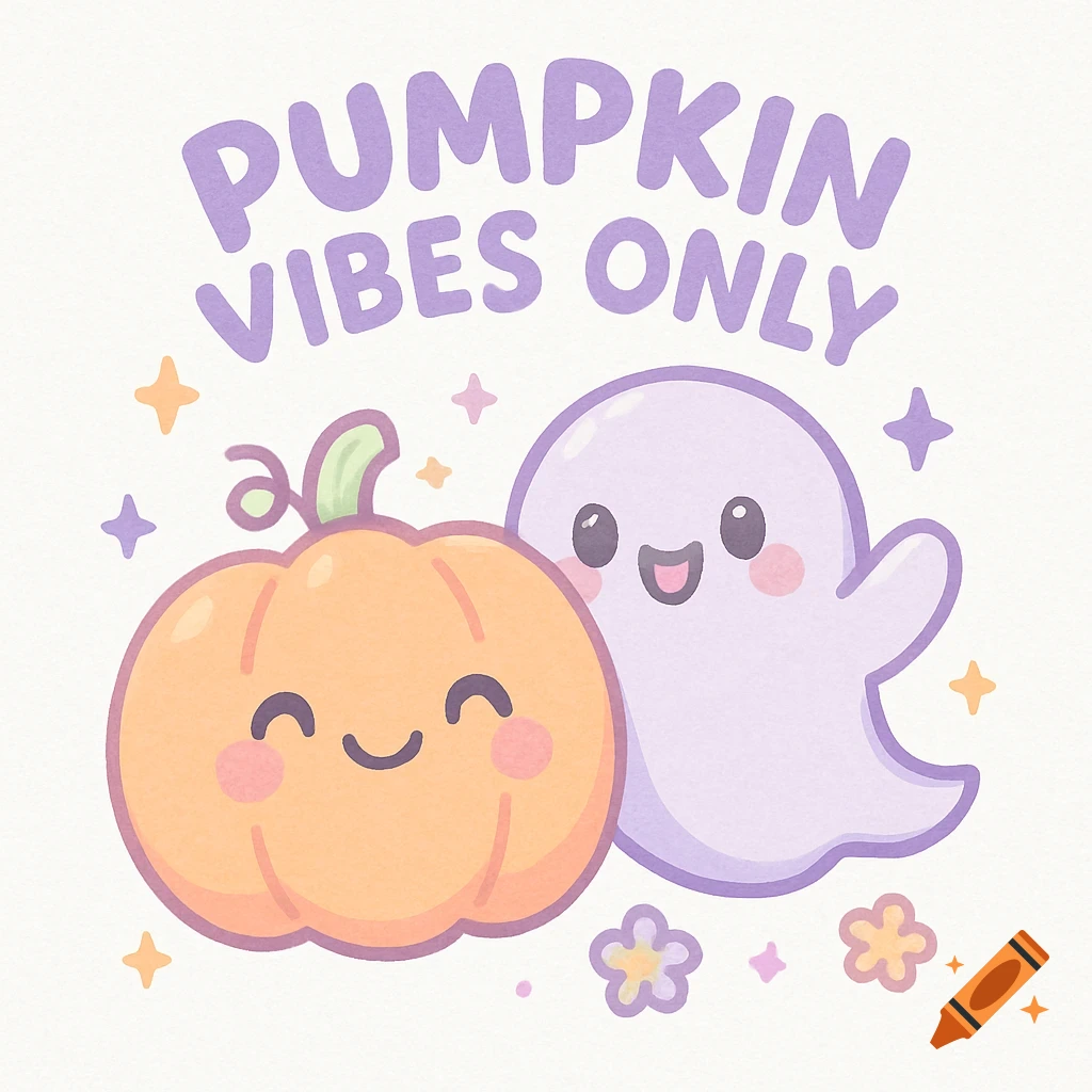 A cute kawaii illustration of a smiling orange pumpkin and a smiling pastel purple ghost, with the text 'PUMPKIN VIBES ONLY' above them.