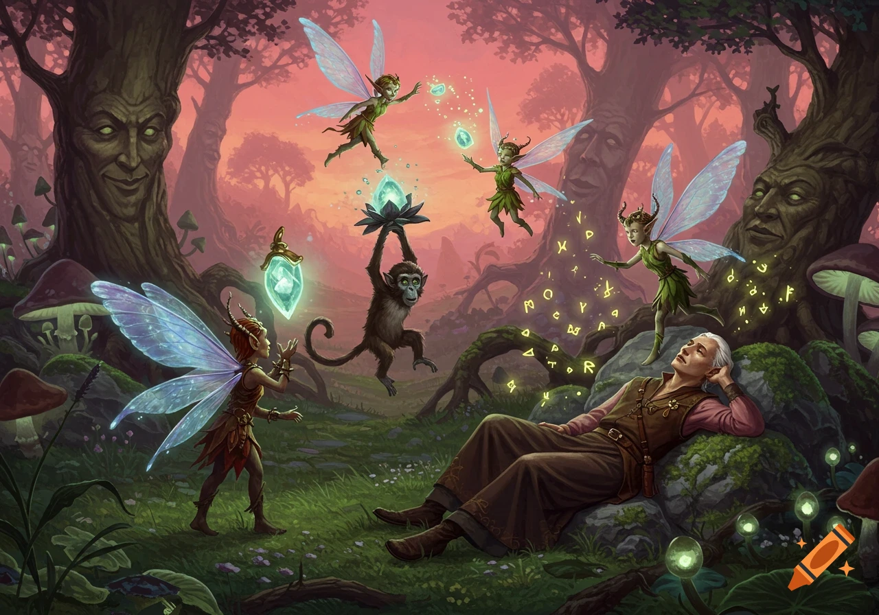 A detailed, painterly fantasy scene with mischievous fairies causing chaos around a sleeping man and a dazed monkey in a magical, twilight forest.