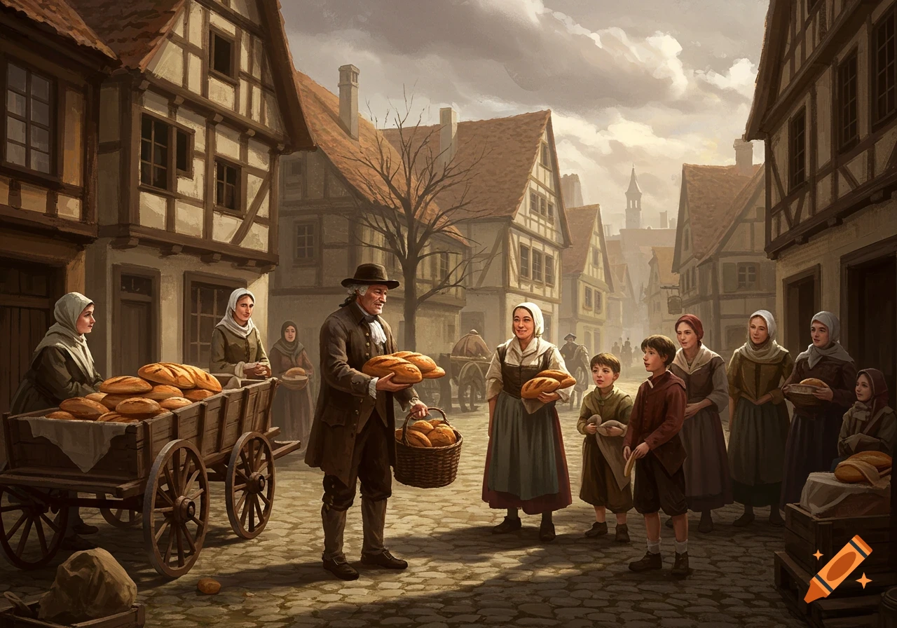A man in a hat gives loaves of bread to people in a busy market street of an old European town, painted in a realistic style.