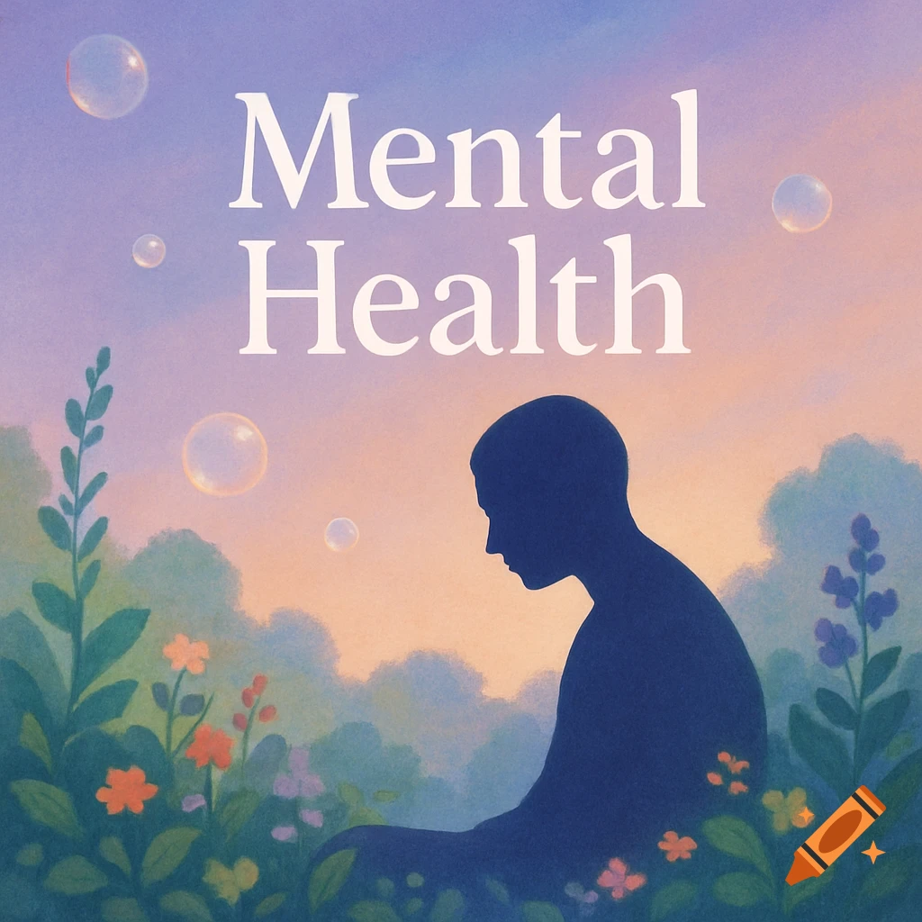 A silhouette of a person meditating in a peaceful garden with flowers and bubbles, under a pastel sky. Text reads 'Mental Health'.