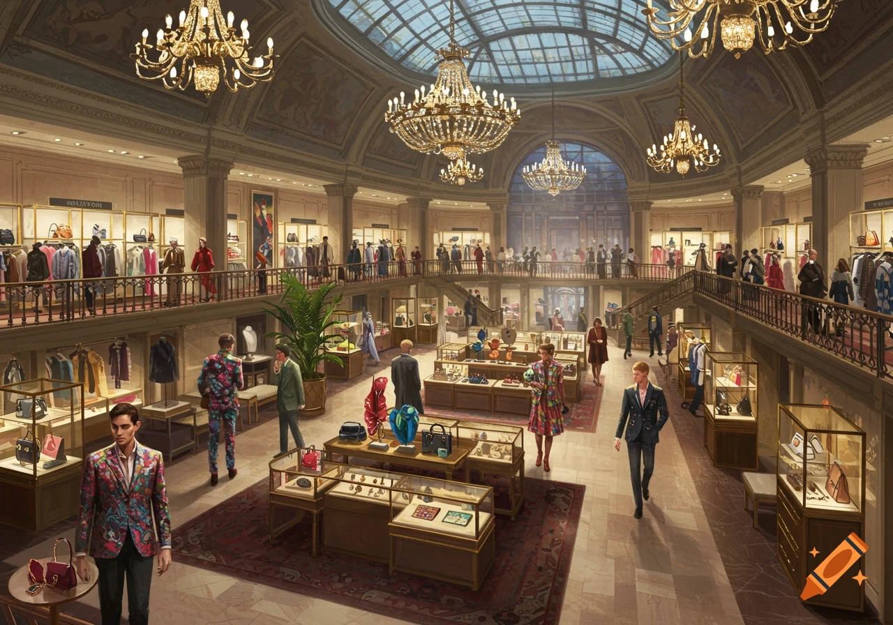 An expansive luxury department store with high ceilings, chandeliers, and multiple levels of stylish customers browsing clothing and jewelry displays.