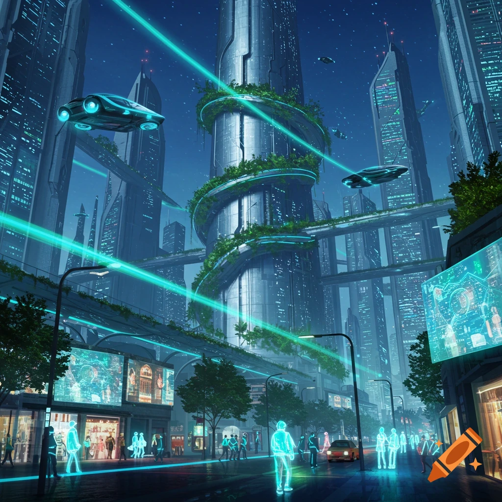 A dark futuristic city at night with towering skyscrapers, glowing green vines, flying cars, and holographic people on the streets.