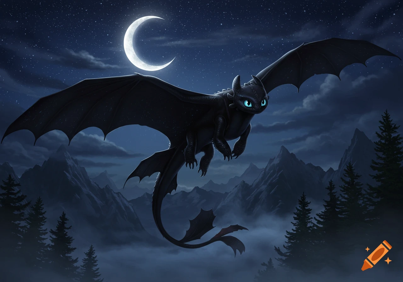 A black Night Fury dragon with glowing blue eyes flies under a bright crescent moon in a starry night sky over misty mountains.