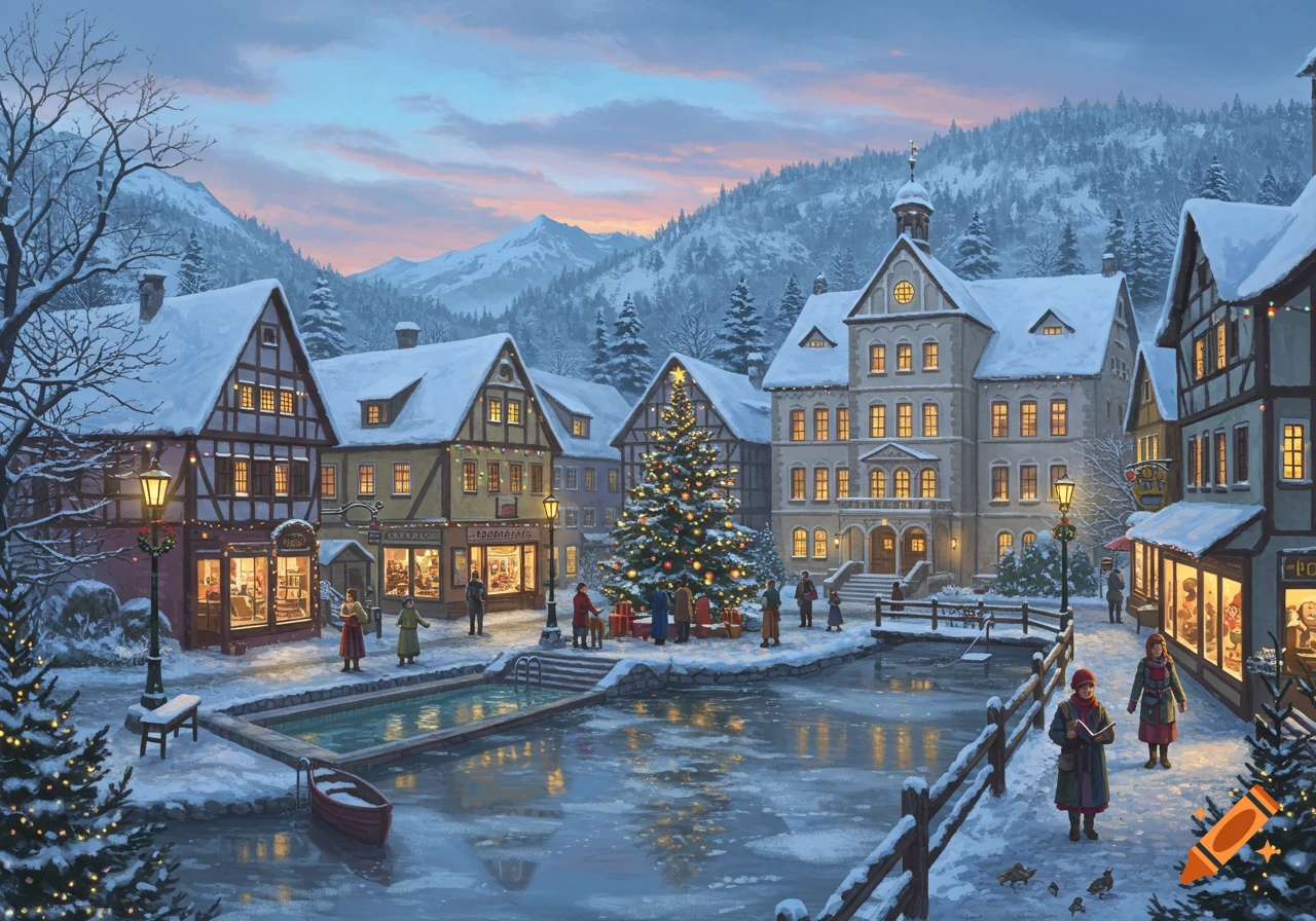 A charming, snowy Bavarian village square at dusk, with a large, lit Christmas tree, shops, a school, and people by a partially frozen pond.