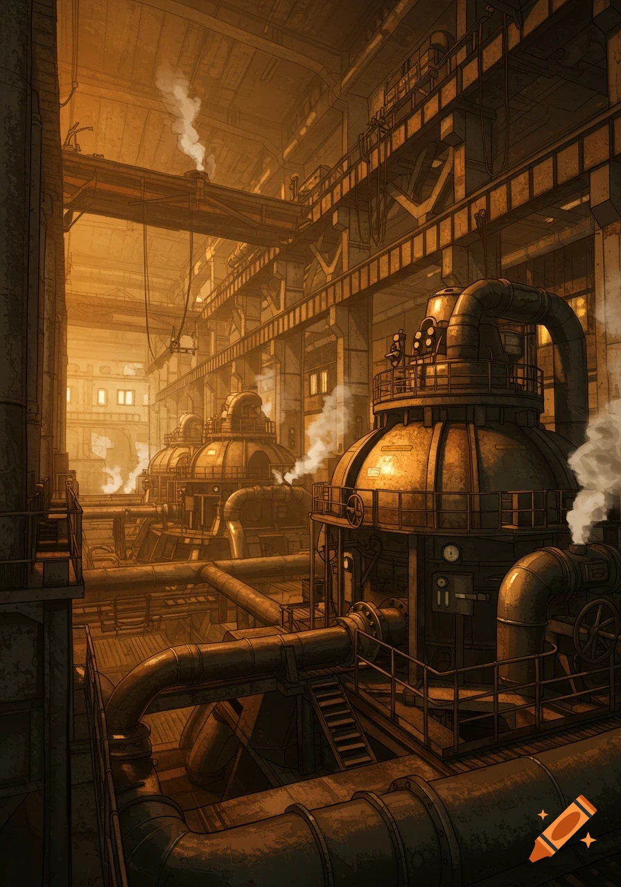 Detailed illustration of an industrial thermal power plant interior with large machines, pipes, and steam, bathed in warm light.