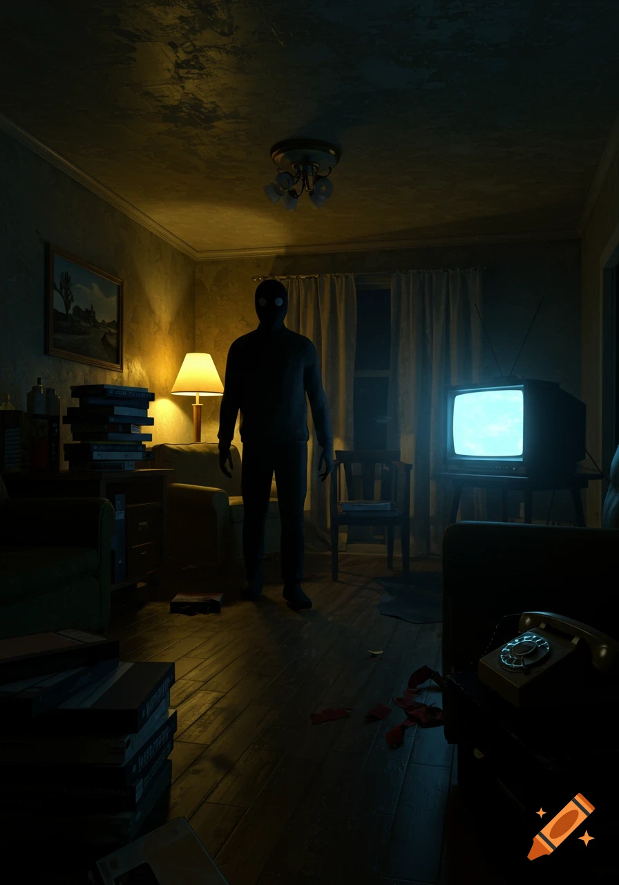 A dark, masked figure stands in a dimly lit, vintage room with an old TV, lamp, and books.