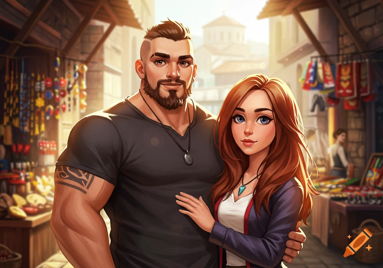 A strong man with a goatee and buzzcut, and a woman with red-brown hair, stand in a bustling market street in a cartoon-realistic style.