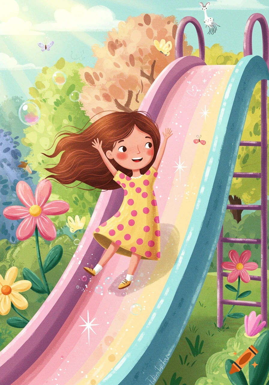 Happy cartoon girl with brown hair in a yellow polka dot dress slides down a rainbow slide in a whimsical park, surrounded by flowers.