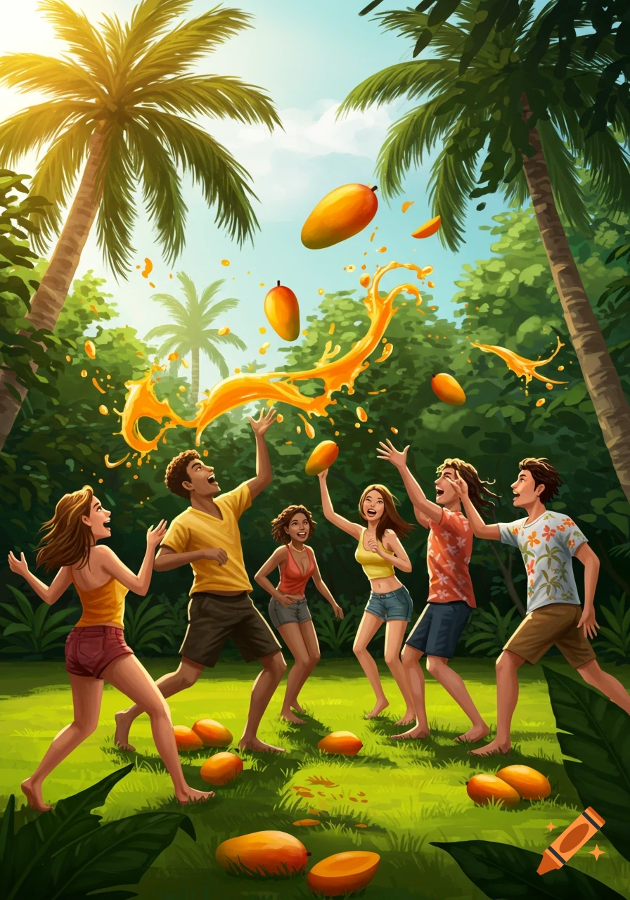 A vibrant illustration of five happy young people playing in a tropical setting, throwing mangoes and splashing juice under palm trees.