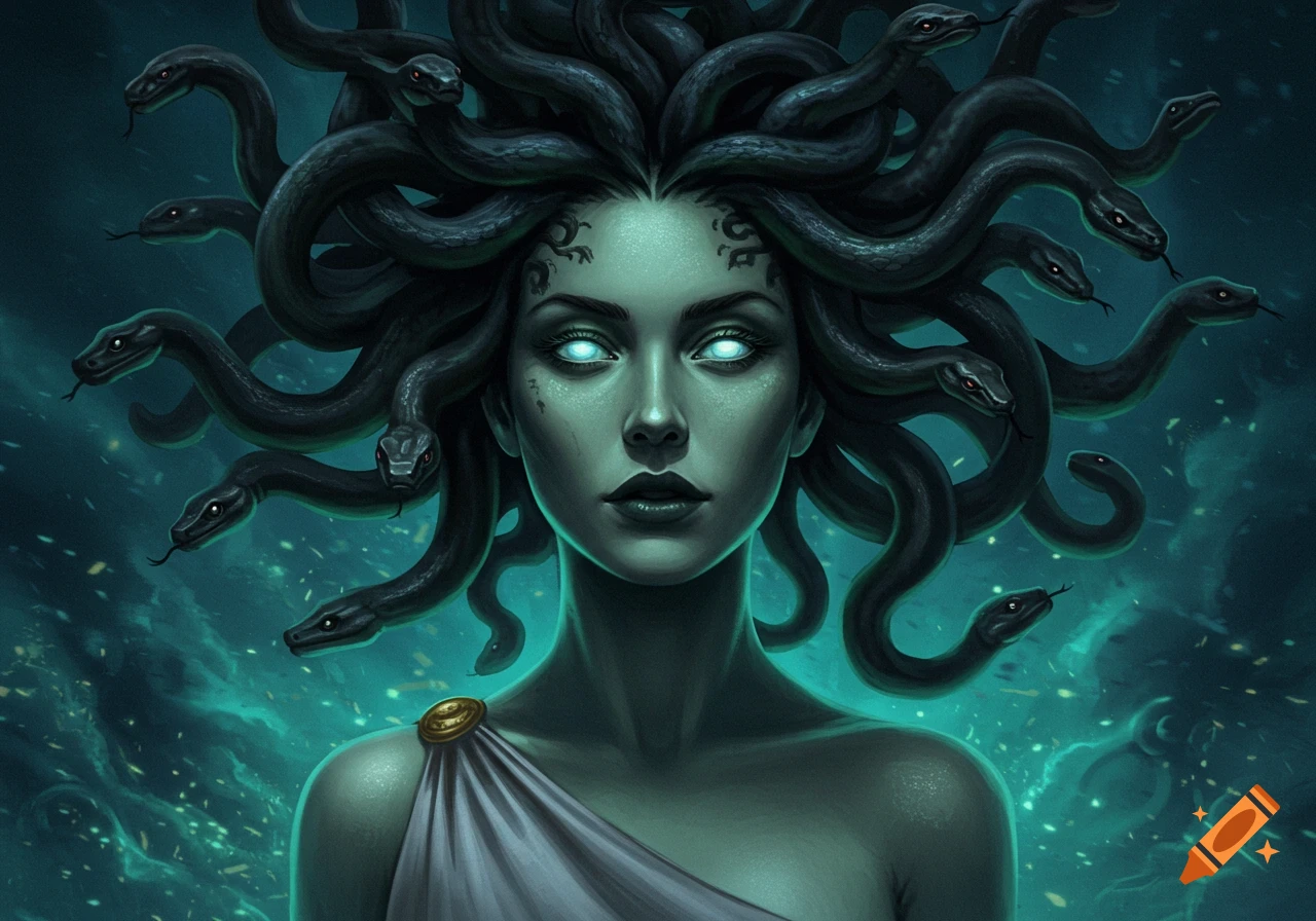 Close-up of Medusa with glowing eyes and dark snakes for hair, wearing a white draped garment, against a mystical blue-green background.
