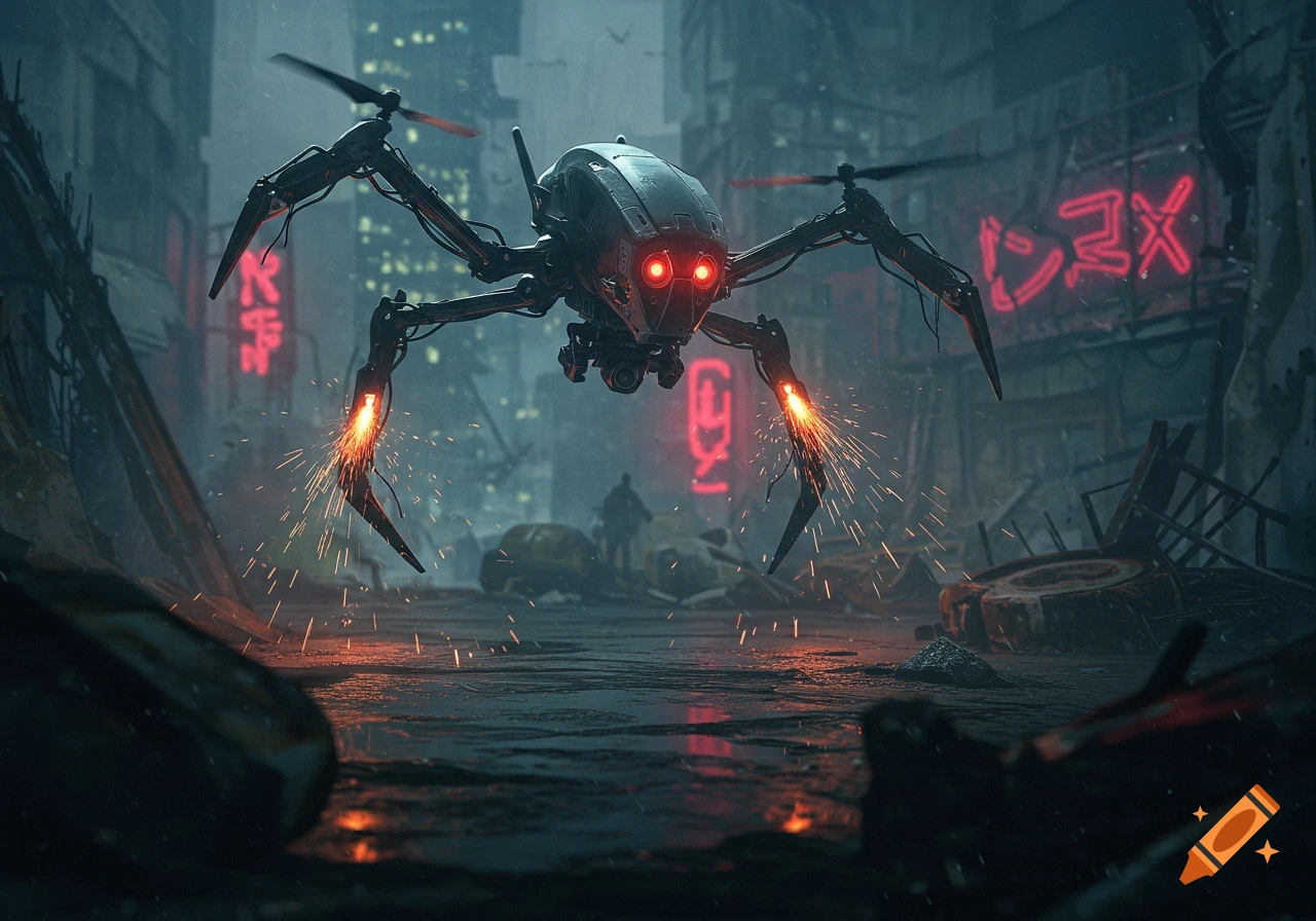 A spider-like combat drone with glowing red eyes and sparking claws hovers in a rainy, ruined cyberpunk city street with neon signs.