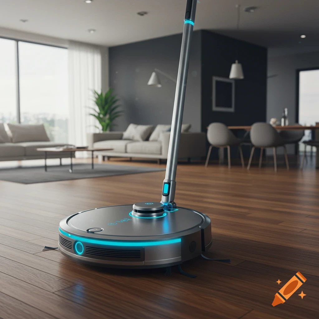 A modern silver robot vacuum cleaner with glowing blue accents stands on a wooden floor in a minimalist living room.