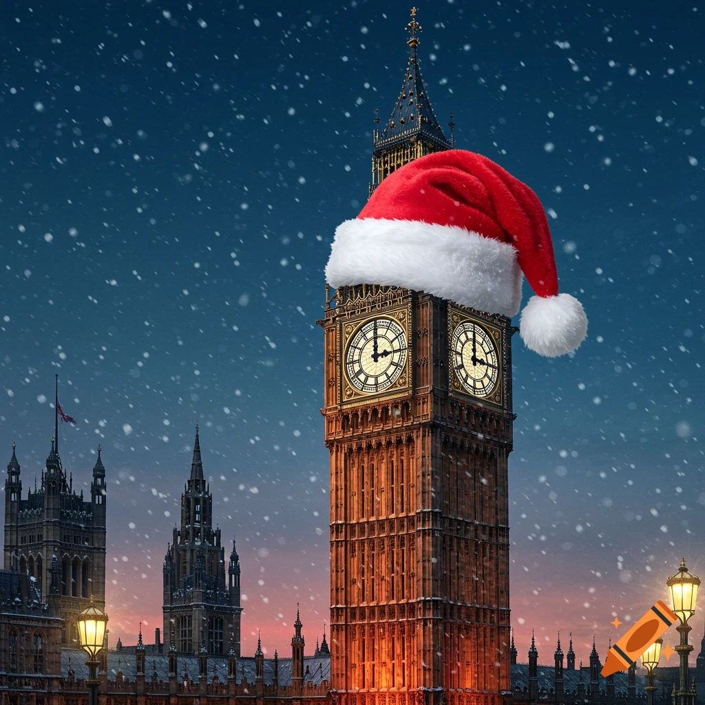 Big Ben tower wearing a red Santa hat, surrounded by falling snow at dusk, with London architecture and streetlights.